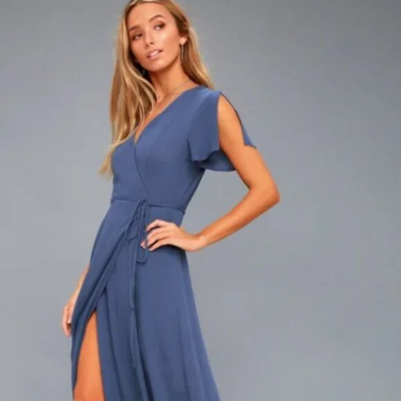 NWT Lulu's Heart of Marigold Denim Blue Wrap Maxi Dress Crepe Size Medium - Picture 6 of 16